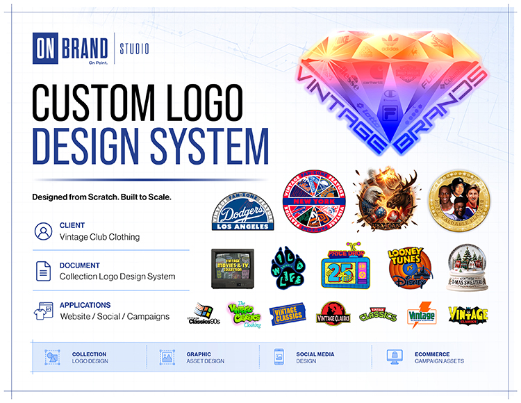 Custom collection logo design system for Vintage Club Clothing apparel categories and ecommerce campaigns